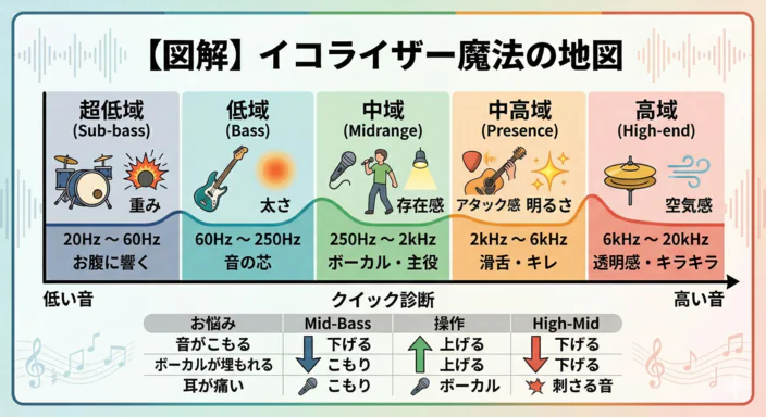 修正済みイコライザー周波数帯域の解説図